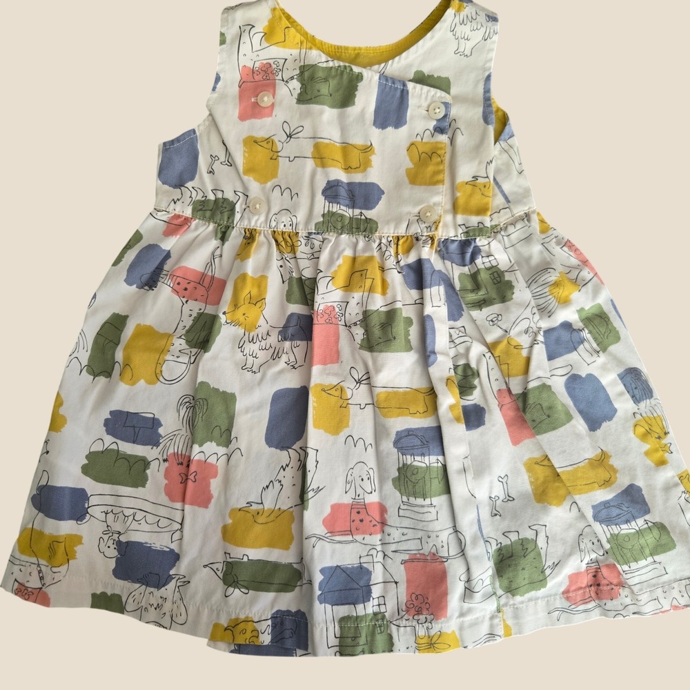 Baby Boden Girls Dog Puppy Sketch Print Dress White Yellow 12-18 Months